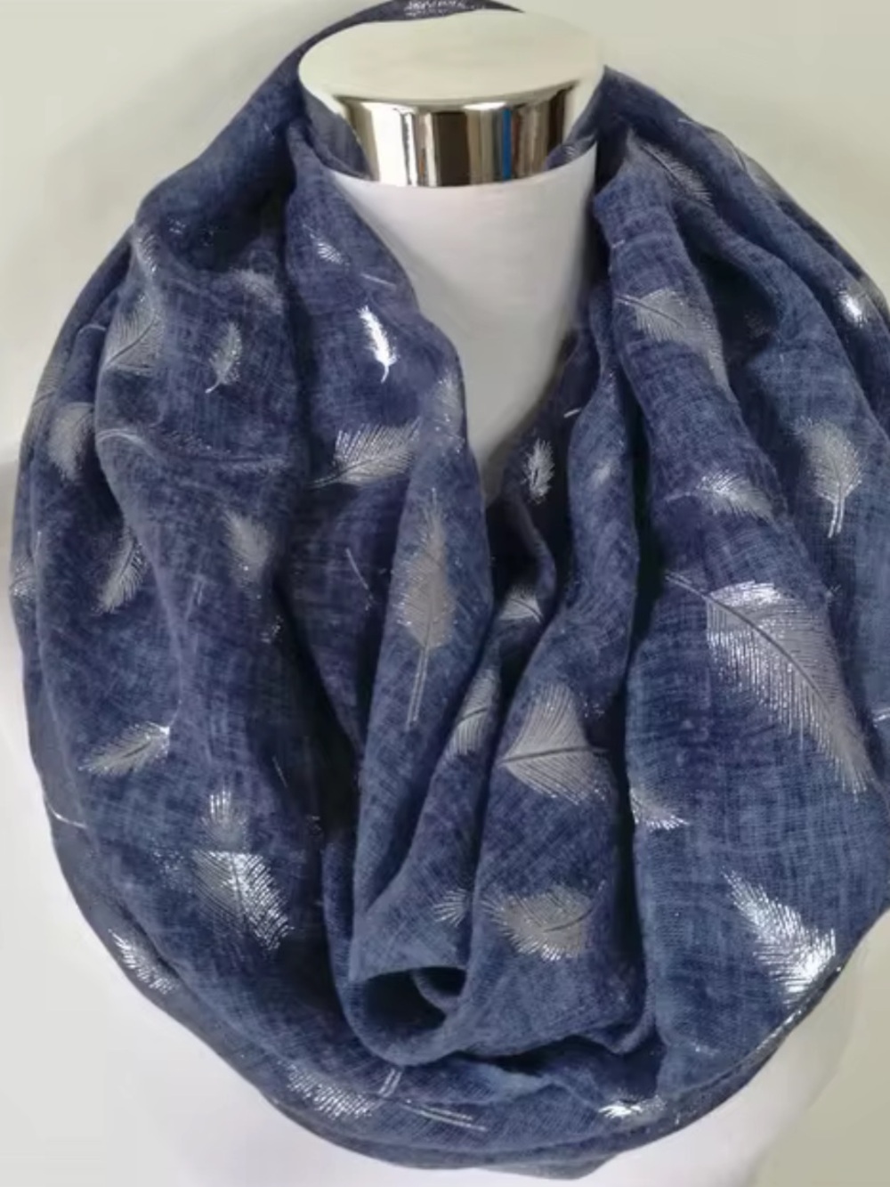 Metallic feather blue infinity cotton scarf